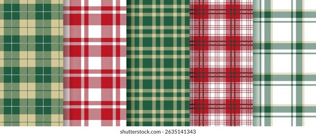 Plaid seamless pattern. Christmas green red background. Gingham check fabric prints. Tartan shirt cloth. Lumberjack tablecloth. Flannel texture. Set of Vichy textile backdrops. Vector illustration