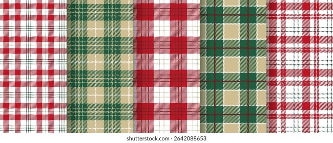 Plaid seamless pattern. Christmas red green backgrounds. Set check fabric prints. Tartan shirt cloth. Flannel texture. Lumberjack tablecloth. checkered textile. Abstract backdrop. Vector illustration
