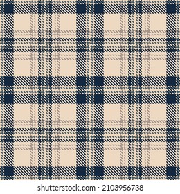 Plaid seamless pattern. Cream, dark blue background checkered. Tartan cage abstract texture. Vector graphics printing on fabric, shirt, textile, curtain and tablecloth.