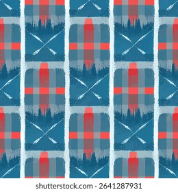 Plaid seamless pattern, crossed oars and pine trees, blue, red, gray, and white color palette, plaid seamless pattern, Vector illustration background for print the paper.