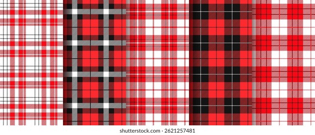 Plaid seamless pattern. Gingham red black background. Set checkered tartan prints. Scottish flannel textile textures. Buffalo table cloth. Kitchen tablecloth. Picnic fabric cloth. Vector illustration