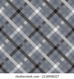 Plaid seamless pattern.  Gray, blue, black background checkered. Cage abstract texture. Printing on fabric, shirt, textile, curtain and tablecloth. Vector graphic.