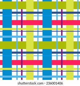 Plaid seamless pattern. Green, blue, pink, red. Vector illustration.