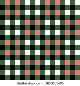 Plaid seamless pattern in green, white and pink. Tartan plaid for dress, skirt, flannel shirt, autumn, winter fabrics, background. Buffalo check gingham style. Vector flat illustration.