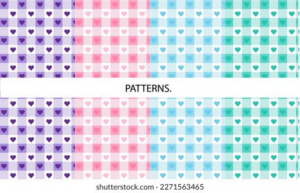 Plaid seamless pattern heart. Picnic napkin. Tartan heart background. Set gingham heart pixel, buffalo textile prints. Geometric colorful cloth. Abstract illustration. Simple trendy design.