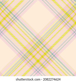 Plaid seamless pattern. Pink, yellow; beige; blue background checkered. Tartan cage abstract texture. Vector graphics printing on fabric, shirt, textile, curtain and tablecloth.