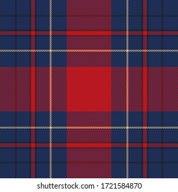 Plaid seamless pattern with red, blue, black and yellow stripes. Vector background