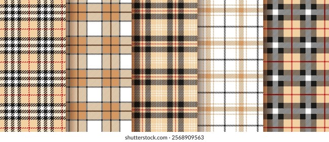 Plaid seamless pattern. Tartan beige background. Flannel table cloth texture. Lumberjack tablecloth. Set Vichy print. Christmas check cloth. Gingham fabric. Kitchen napkin textile. Vector illustration