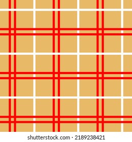 Plaid seamless pattern. Vector fabric print template. Scottish style striped lumberjack ornament. Geometric checkered shape red, white and beige carpet background. 