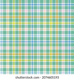 Plaid seamless pattern. White, green, pink, yellow; blue background checkered. Tartan cage abstract texture. Vector graphics printing on fabric, shirt, textile, curtain and tablecloth.