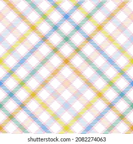 Plaid seamless pattern. White, green, pink, yellow; blue background checkered. Tartan cage abstract texture. Vector graphics printing on fabric, shirt, textile, curtain and tablecloth.
