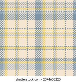 Plaid seamless pattern. Yellow, gray, blue background checkered. Tartan cage abstract texture. Vector graphics printing on fabric, shirt, textile, curtain and tablecloth.