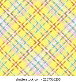 Plaid seamless pattern. Yellow, pink, white, red background checkered. Tartan cage abstract textured. Vector graphics printing on fabric, shirt, textile, curtain and tablecloth.