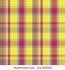 Plaid seamless pattern. Yellow, red, blue background checkered. Cage abstract texture. Printing on fabric, shirt, textile, curtain and tablecloth. Vector graphic.
