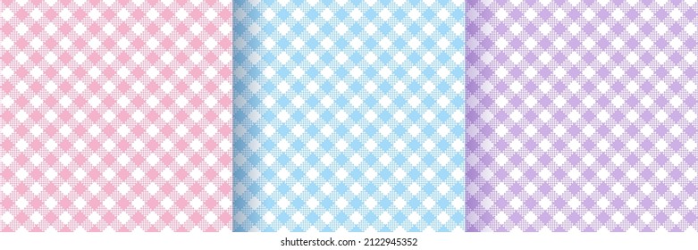 Plaid seamless patterns. Check gingham textures. Set of vichy backgrounds. Flannel backdrop. Pastel retro wallpapers. Tartan textile grid. Tablecloth picnic prints. Vector illustration.
