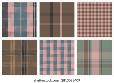 Plaid Seamless Patterns. Collection of tiles in Scandinavian style. Geometric tartan, check, gingham, buffalo designs in earthly color palettes for fabrics, wallpapers, branding. Swatches included.