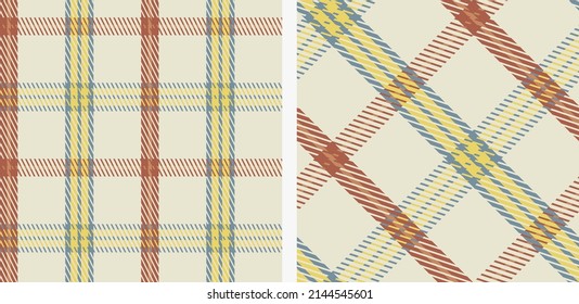 Plaid seamless set pattern. Beige, yellow, brown, blue  background checkered. Tartan cage abstract textured. Vector graphics printing on fabric, shirt, textile, curtain and tablecloth.
