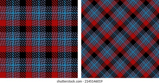Plaid seamless set pattern. Blue, black, red  background checkered. Tartan cage abstract texture. Vector graphics printing on fabric, shirt, textile, curtain and tablecloth.