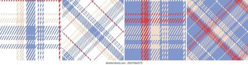 Plaid seamless set pattern. Colored straight and oblique scottish cage texture. Fashionable checkered wallpaper. Printing on fabric, shirt, textile, curtain and tablecloth. Vector.