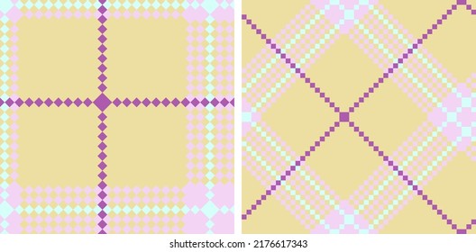 Plaid seamless vector pattern set. Colored straight and oblique scottish cage pixel texture. Fashionable checkered wallpaper. Printing on fabric, shirt, textile, curtain and tablecloth. Vector.