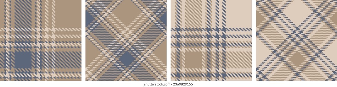 Plaid seamless vector pattern set. Color straight and oblique scottish cage pixel texture. Fashionable checkered wallpaper. Printing on fabric, shirt, textile, curtain and tablecloth. Vector.