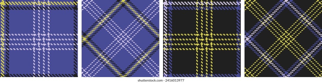 Plaid seamless vector pattern set. Color straight and oblique scottish cage pixel texture. Fashionable checkered wallpaper. Printing on fabric, shirt, textile, curtain and tablecloth. Vector.