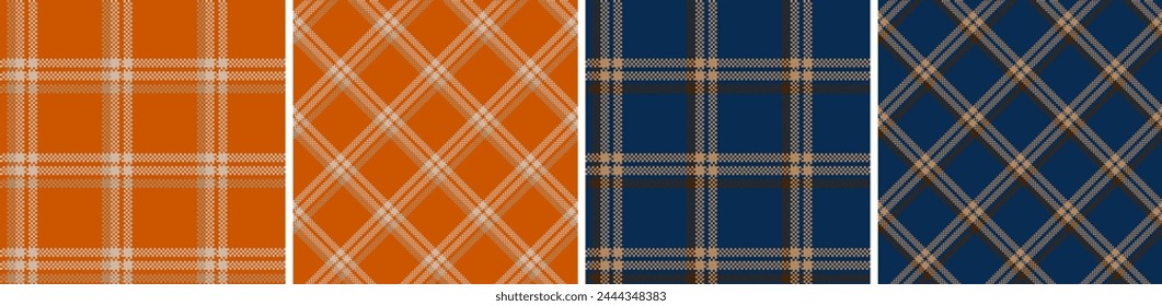 Plaid seamless vector pattern set. Colored straight and oblique scottish cage pixel texture. Fashionable tartan wallpaper. Printing on fabric, shirt, textile, curtain and tablecloth. Vector.