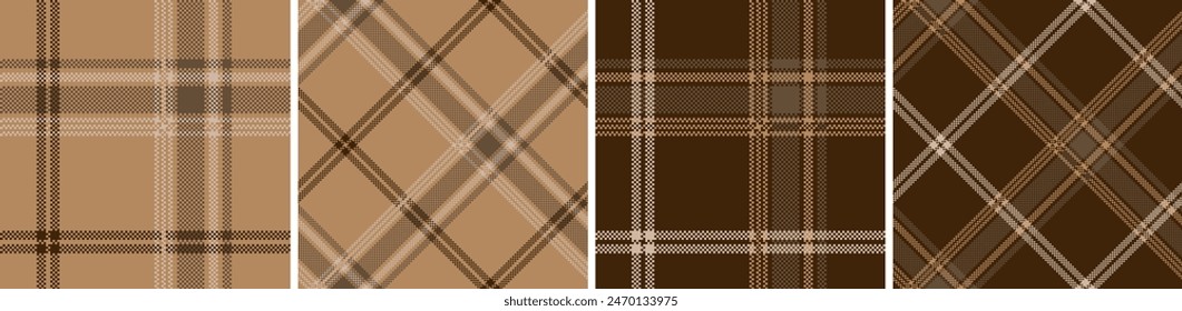 Plaid seamless vector pattern set. Colored straight and oblique scottish cage pixel texture. Fashionable tartan wallpaper. Printing on fabric, shirt, textile, curtain and tablecloth. Vector.