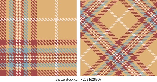 Plaid seamless vector pattern set. Color straight and oblique scottish cage pixel texture. Fashionable checkered wallpaper. Printing on fabric, shirt, textile, curtain and tablecloth. Vector.