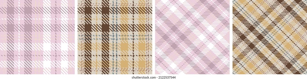 Plaid Seamless Vector Set Patterns. Pink, Yellow, Beige, White Background Checkered. Tartan Cage Fashion Textured. Printing On Fabric, Shirt, Textile, Curtain And Tablecloth.