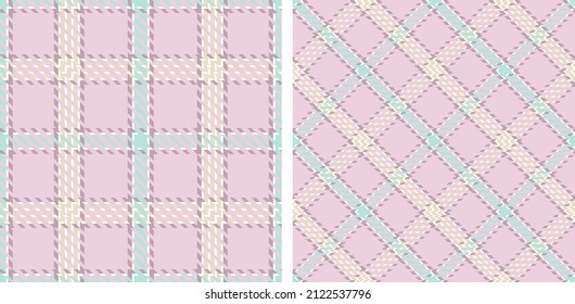 Plaid seamless vector set patterns. Pink, blue, yellow, white background checkered. Tartan cage fashion textured. Printing on fabric, shirt, textile, curtain and tablecloth.
