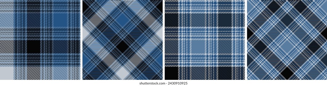 Plaid seamless vector tartan patterns set. Colored straight and oblique scottish cage texture. Fashionable checkered wallpaper. Printing on fabric, shirt, textile, curtain and tablecloth.