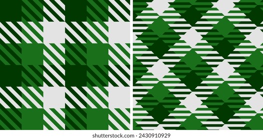 Plaid seamless vector tartan patterns set. Colored straight and oblique scottish cage texture. Fashionable checkered wallpaper. Printing on fabric, shirt, textile, curtain and tablecloth.