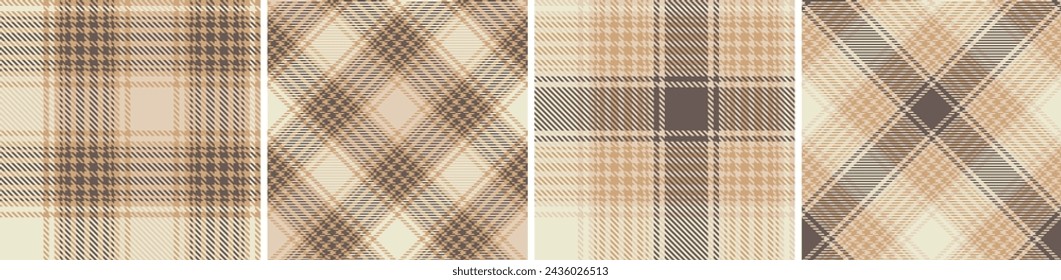 Plaid seamless vector tartan patterns set. Colored straight and oblique scottish cage texture. Fashionable checkered wallpaper. Printing on fabric, shirt, textile, curtain and tablecloth.