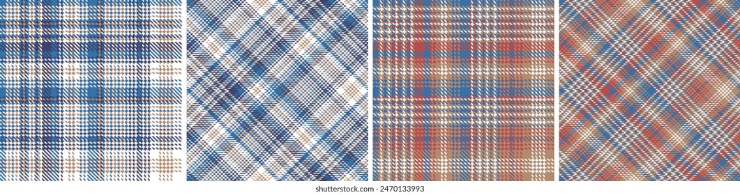 Plaid seamless vector tartan patterns set. Colored straight and oblique scottish cage texture. Fashionable checkered wallpaper. Printing on fabric, shirt, textile, curtain and tablecloth.