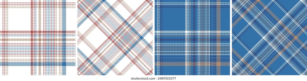 Plaid seamless vector tartan patterns set. Colored straight and oblique scottish cage texture. Fashionable checkered wallpaper. Printing on fabric, shirt, textile, curtain and tablecloth.