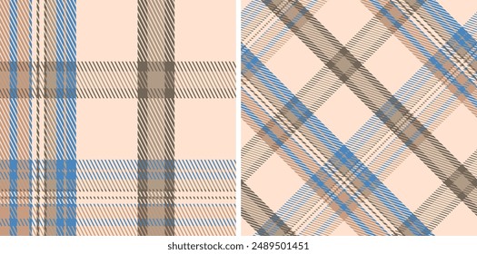 Plaid seamless vector tartan patterns set. Colored straight and oblique scottish cage texture. Fashionable checkered wallpaper. Printing on fabric, shirt, textile, curtain and tablecloth.