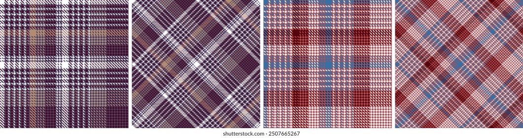 Plaid seamless vector tartan patterns set. Colored straight and oblique scottish cage texture. Fashionable checkered wallpaper. Printing on fabric, shirt, textile, curtain and tablecloth.