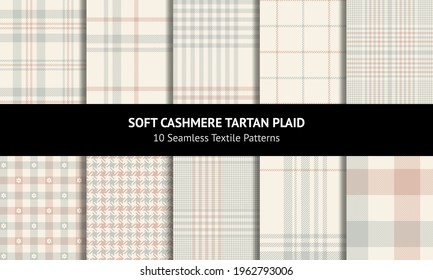 Plaid set in soft grey, pink, beige. Seamless vector patterns. Glen, tweed, buffalo check, gingham, floral vichy, tartan graphics for scarf, flannel shirt, blanket, other spring autumn winter textile.