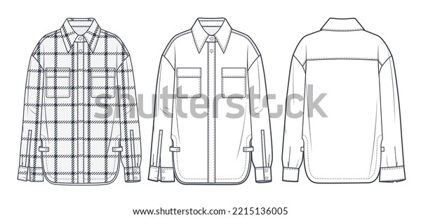 Plaid Shirt technical fashion Illustration.\
Classic Shirt fashion flat technical drawing template, button-down\
collar, long sleeve, black plaid, front, back view, white, women,\
men, unisex CAD mockup.