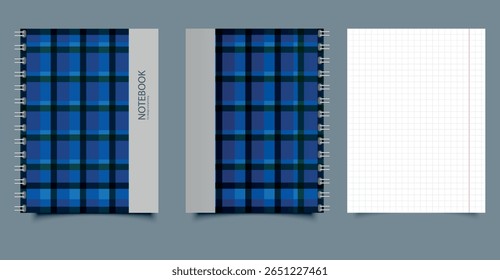 Plaid Spiral Notebook with Graph Paper. School and Office Template. Editable mockup for print and digital design projects.