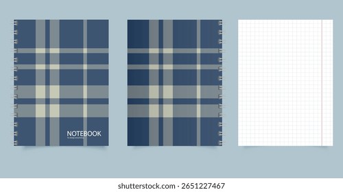 Plaid Spiral Notebook with Graph Paper. School and Office Template. Editable mockup for print and digital design projects.