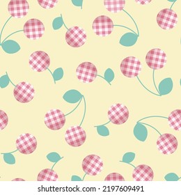 Plaid Sweet Cherry Fruit Pink Seamless Pattern Background, Cherry Pattern, Vintage Pattern, Fabric Pattern, Picnic Mat
