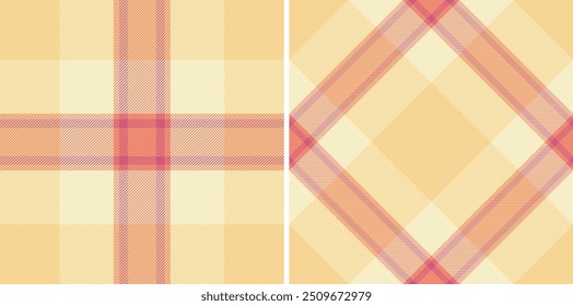 Plaid tartan fabric of pattern check texture with a seamless textile vector background. Set in sunset colours for decorative pillows in bedroom .