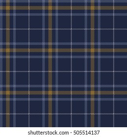 Plaid (tartan) pattern. Navy and light blue, white and ocher stripes. Scottish, lumberjack and hipster fashion style.