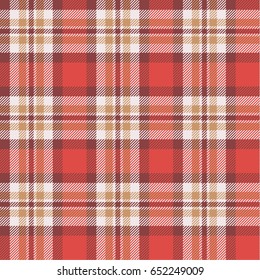 Plaid (tartan) pattern. Red, brown, white and ocher stripes. Scottish, lumberjack and hipster fashion style.