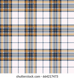 Plaid (tartan) seamless pattern. Ocher, navy blue and white color.