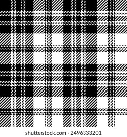 flaches, nahtloses Muster aus Tartan. Dies ist eine schwarz-weiß karierte, karierte Vektorgrafik. Design für dekorative, Tapete, Hemden, Kleidung, Tischdecken, Decken, Verpackung, Textil, Stoff, Textur