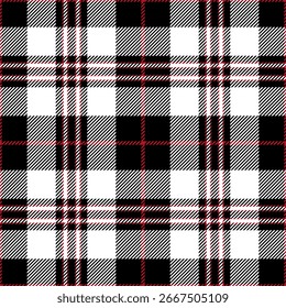 Patrón de repetición transparente de tartán a cuadros. Esta es una Ilustración vectorial a cuadros a cuadros rojo blanco y negro.  Diseño para decorativo, Fondo de pantalla, camisas, ropa, manteles, envoltura, textil, tela, textura