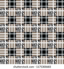 Plaid, tartan seamless with Zebra Stripes Pattern. Zebra print, animal skin, tiger stripes, abstract pattern, fabric. Amazing hand drawn vector illustration. Poster, banner. Black and white artwork,